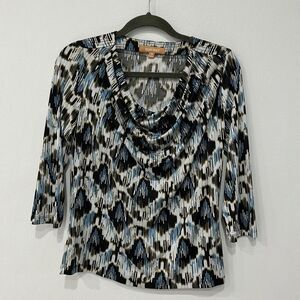 ELLEN TRACY Stretch Knit Polyester Mix Print Cowl Neck 3/4 Sleeve Top  Sz Medium